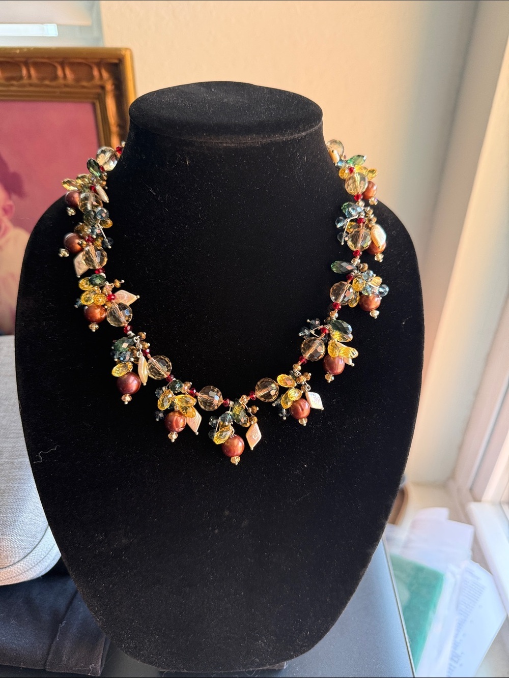 Beaded Cluster Necklace | Multicolor Crystal Faux Pearl Floral Boho Luxe